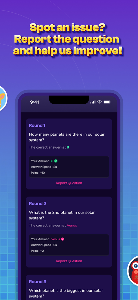 QuizWiz - Trivia App - Una pantalla de smartphone de la aplicación QuizWiz que muestra los resultados de trivia y una función para reportar preguntas.