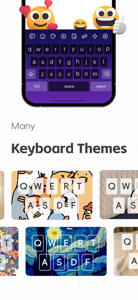 Fonts - Stickers Keyboard - Una variedad de temas de teclado creativos que incluyen patos de dibujos animados y patrones artísticos para la personalización móvil