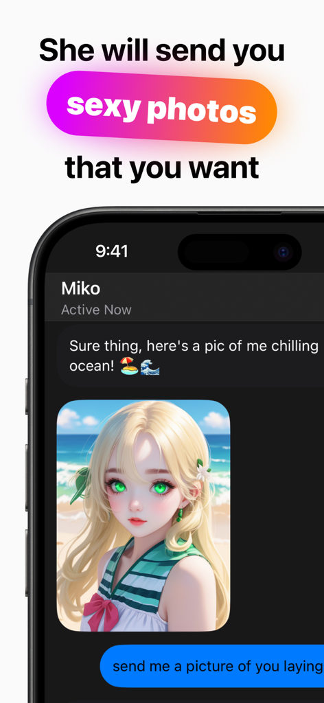 AIチャットにアニメスタイルのセルフィーを送っているAIキャラクターが表示されたAIガールフレンドアプリのインターフェース