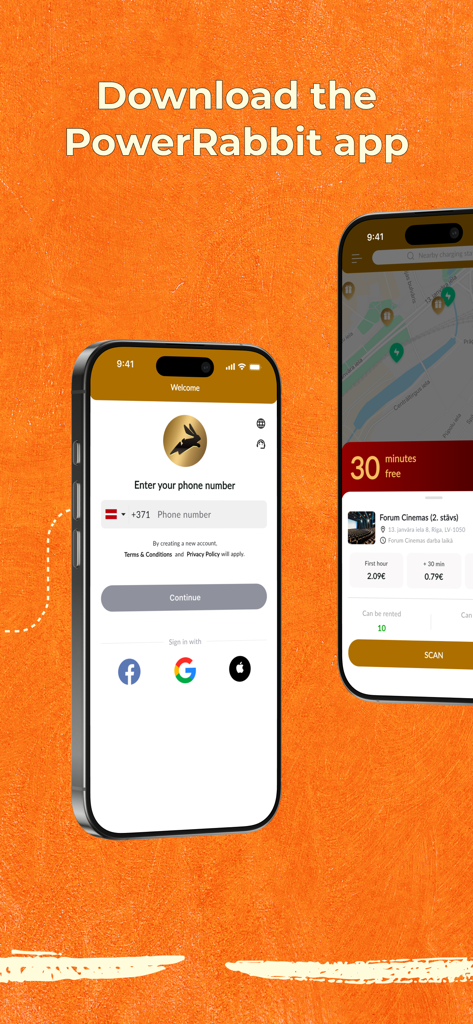 PowerRabbit: powerbank sharing - PowerRabbitアプリのインターフェース、ログイン画面とモバイルバッテリー充電ステーション検索用の地図が表示されている