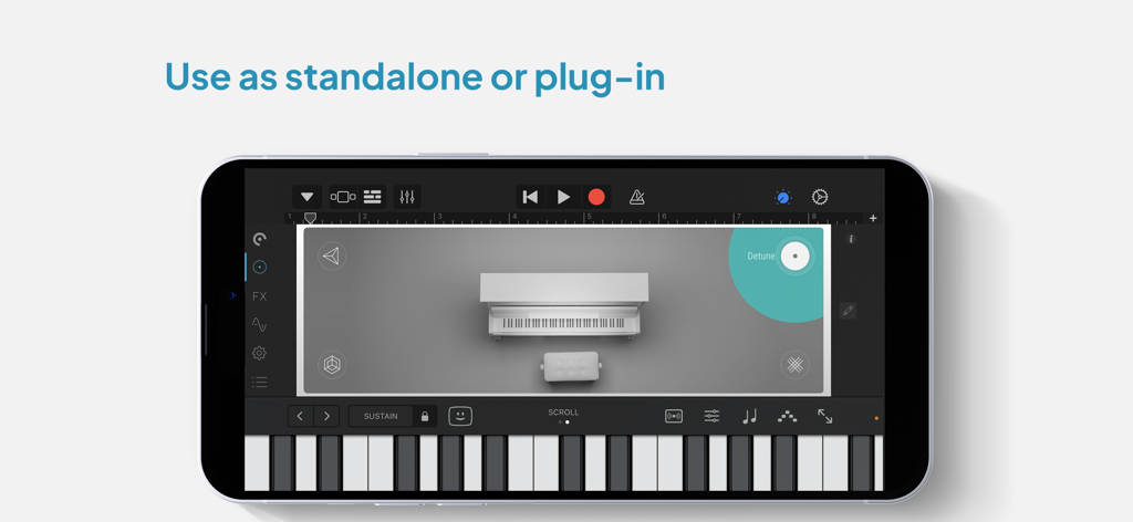 Pure Upright - Virtual Piano - App pianoforte virtuale Pure Upright in esecuzione come plug-in AUv3 su uno smartphone.