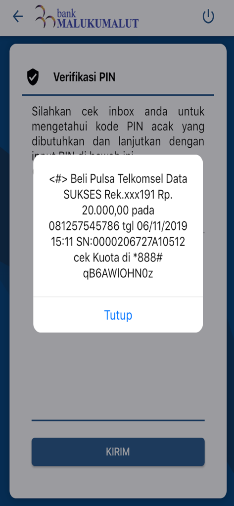Bank Maluku Malut Mobile - Pantalla de la aplicación móvil Bank Maluku Malut mostrando un pop-up de confirmación de transacción exitosa.