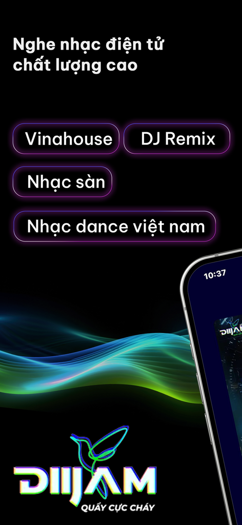 Diijam - Nhạc mp3 & EDM Remix - Diijam music app interface showing Vinahouse and Vietnamese DJ remix categories