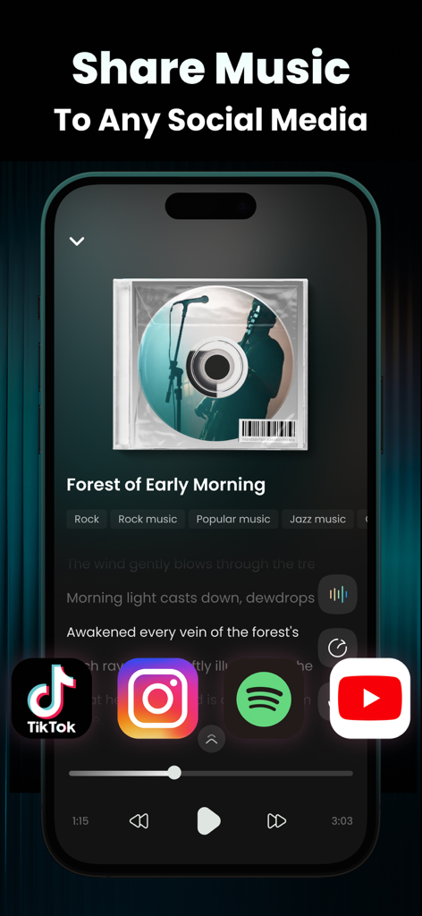 Sonus AI Song Music Generator - A smartphone interface showing the Sonus AI app with options to share generated music to TikTok Instagram Spotify and YouTube