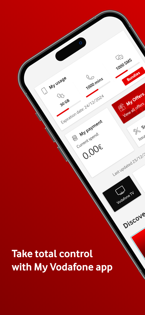 My Vodafone - My Vodafone app dashboard showing data usage and payment details on an iPhone