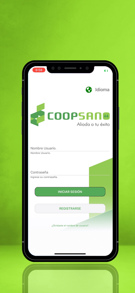 Pantalla de inicio de sesión de la aplicación de banca móvil COOPSANO Personal mostrando campos de nombre de usuario y contraseña