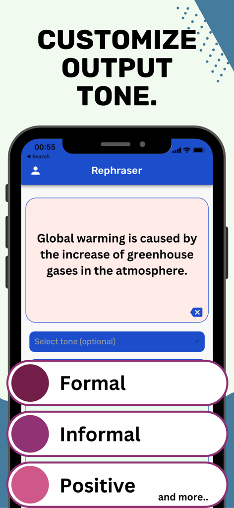 エッセイのフォーマル、インフォーマル、またはポジティブなライティングトーンを選択するオプションを示すRephraserアプリのスクリーンショット。