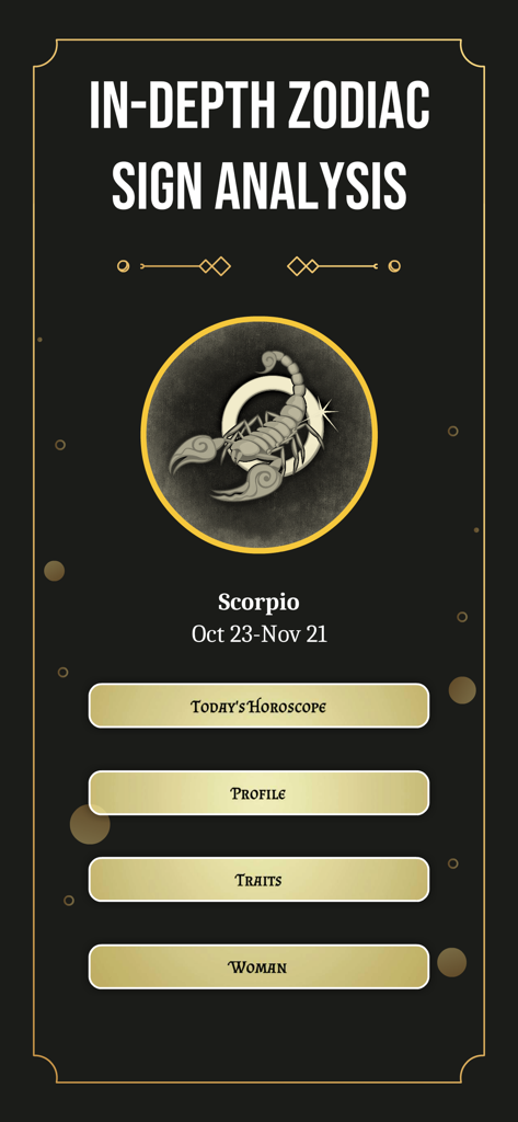 Detailed Scorpio zodiac sign analysis menu with daily horoscope and traits