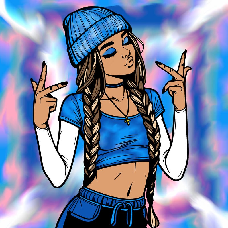 realistic teenage girl with braids and a beanie and crop top doing 🫶🏼