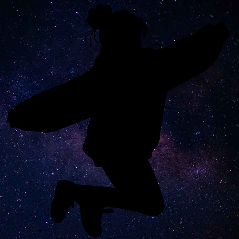 realistic girl jumping with a bun and oversized sweatshirt