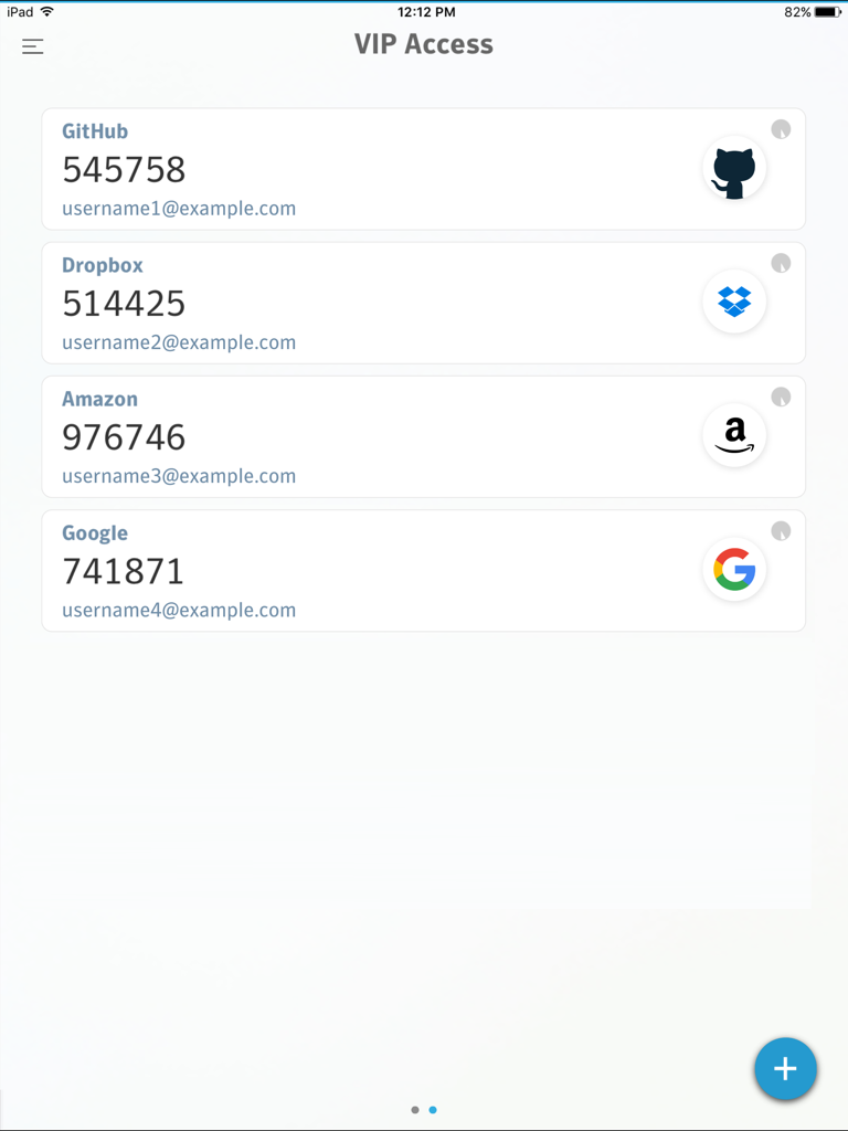 Interfaz de la aplicación VIP Access en iPad que muestra una lista de códigos de autenticación de dos factores para cuentas de GitHub, Dropbox, Amazon y Google.