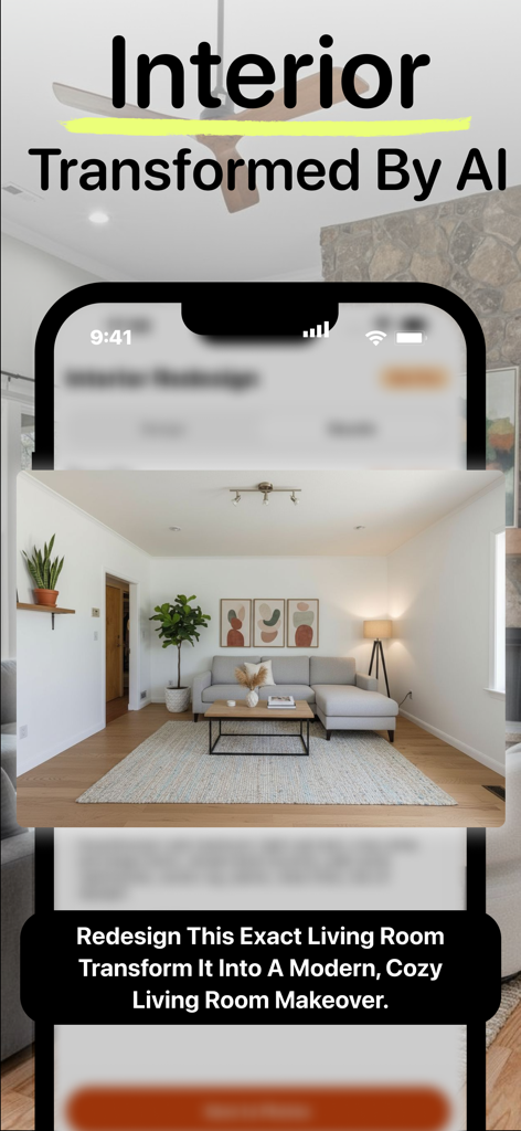 KI-gestützte Transformation eines modernen und gemütlichen Wohnzimmer-Innenraumdesigns