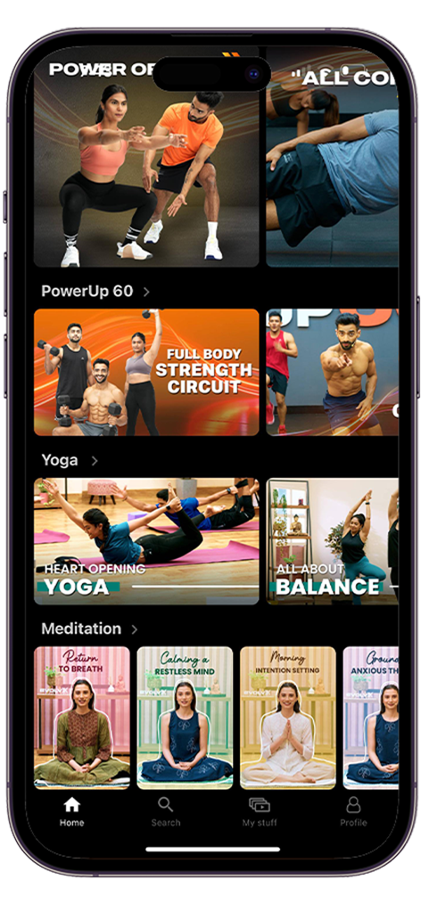 EvolvX Fitness - Panel de la app EvolvX Fitness mostrando categorías de video bajo demanda para entrenamiento de fuerza, yoga y meditación