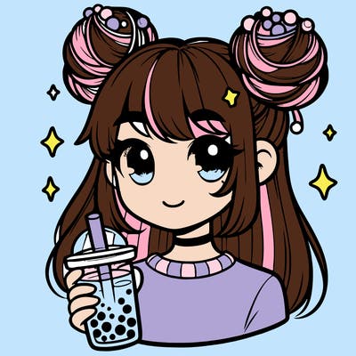 a realistic girl that has space buns and a boba tea