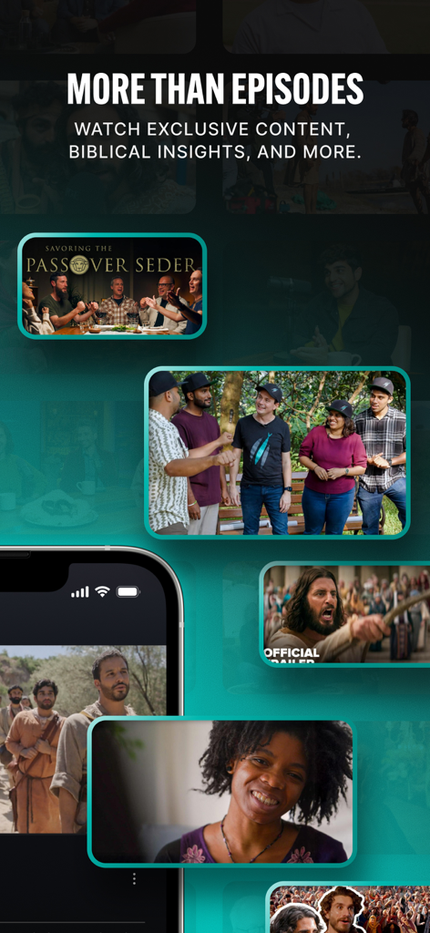 A display of exclusive content, biblical insights, and bonus videos available in The Chosen app.
