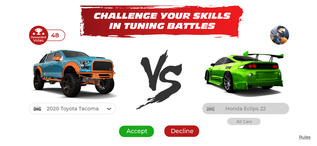 A car tuning battle in the 3DTuning app featuring a customized Toyota Tacoma and a green Honda Eclipse.