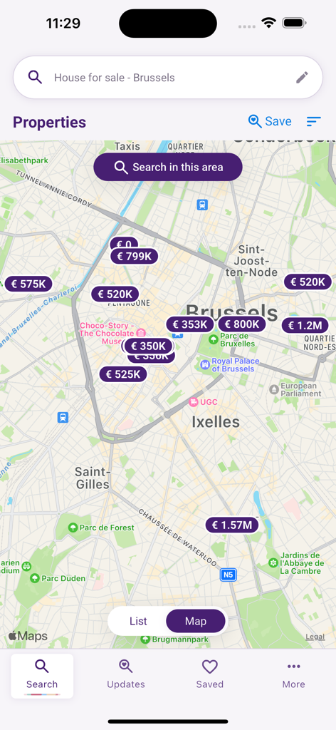 Immovlan - Map view of houses for sale in Brussels on the Immovlan real estate app