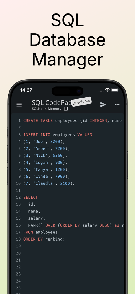 SQL Database Manager DB Client - Interface do aplicativo SQL Database Manager mostrando um editor de código SQL móvel com realce de sintaxe