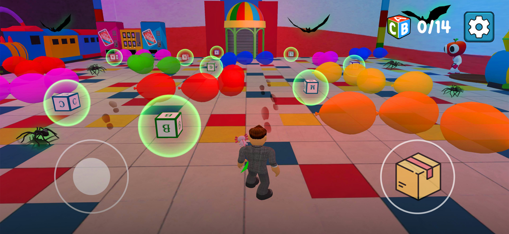 100 Monsters Game: Escape Room - 3D gameplay of a character collecting alphabet cubes in a colorful room