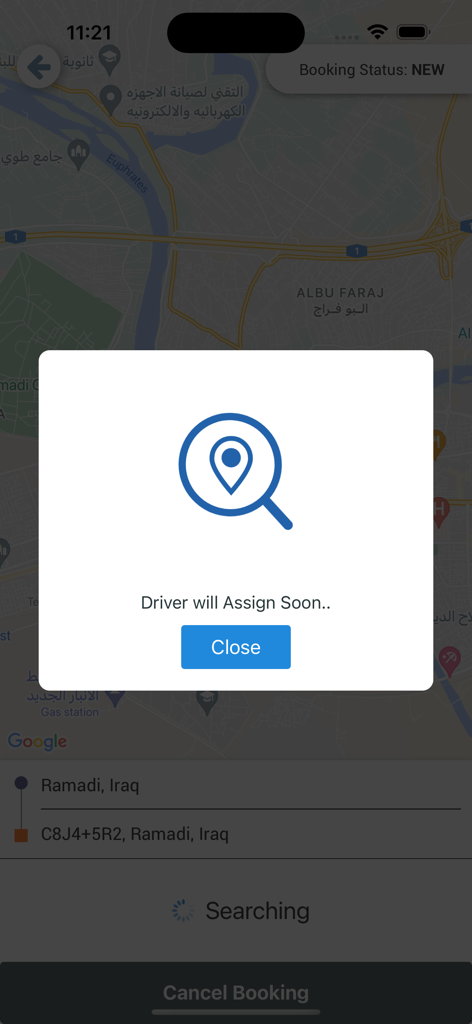 Besun - بيسان - Besun App Bildschirm, der eine Nachricht anzeigt, dass bald ein Fahrer zugewiesen wird, über einer Kartenoberfläche