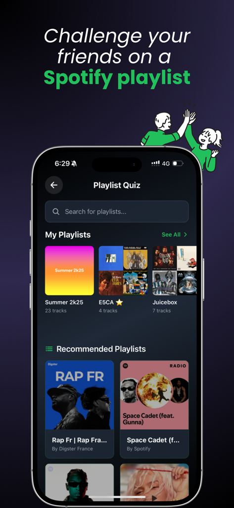 Spotiguess app interface showing personal and recommended Spotify playlists for music quizzes