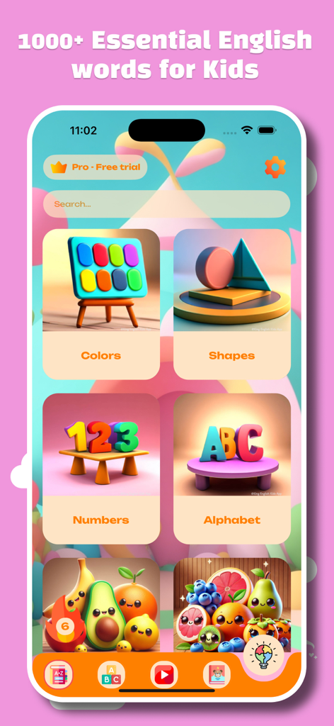 King English Kids - King English Kids app home screen showing educational categories for colors shapes numbers and alphabet