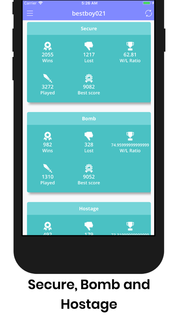 Rainbow Six Siege game mode statistics for Secure Bomb and Hostage displayed on a mobile app