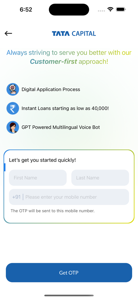TATA Capital Loan & Wealth App - TATA Capital app signup page featuring loan offers and a mobile number registration form