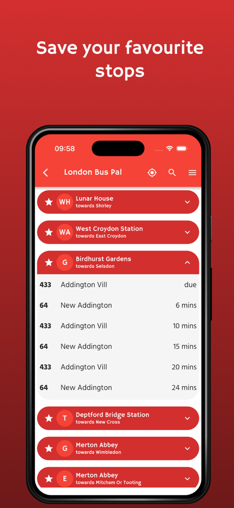 London Bus Pal - Interfaccia dell'app London Bus Pal che visualizza le fermate preferite salvate e le previsioni di arrivo in tempo reale per gli autobus di Londra
