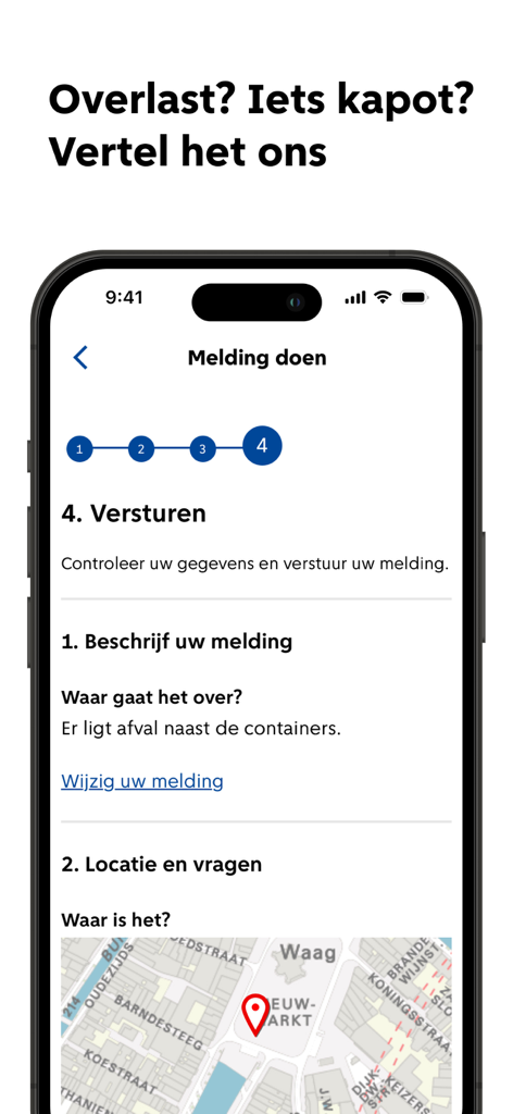 Interface of De Amsterdam App showing the final step of reporting a street issue with a map and description