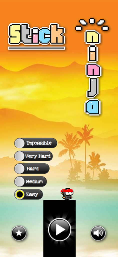 Stick Ninja - Stick Ninja game main menu with difficulty levels and a sunset background