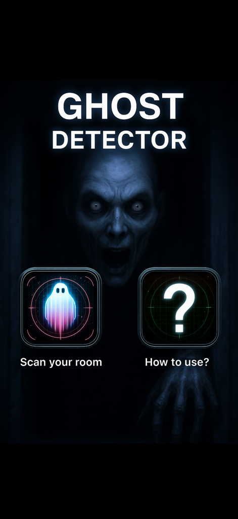 Pantalla de inicio de la aplicación Ghost Detector con una cara aterradora y opciones de escaneo de habitación