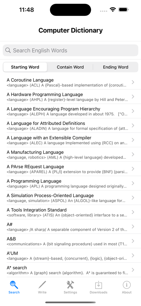 Computer Dictionary English - Search interface of the Computer Dictionary English app showing a list of technical terms and programming languages