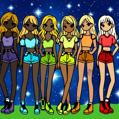 a group of girls wearing crop tops and shorts