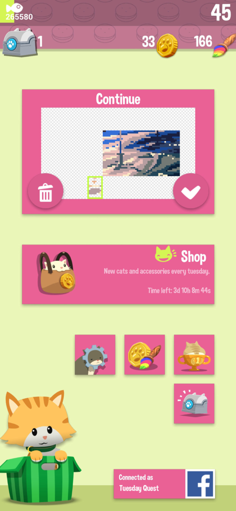 Hungry Cat Nonogram - Main menu interface of Hungry Cat Nonogram showing puzzle progress and cat customization options