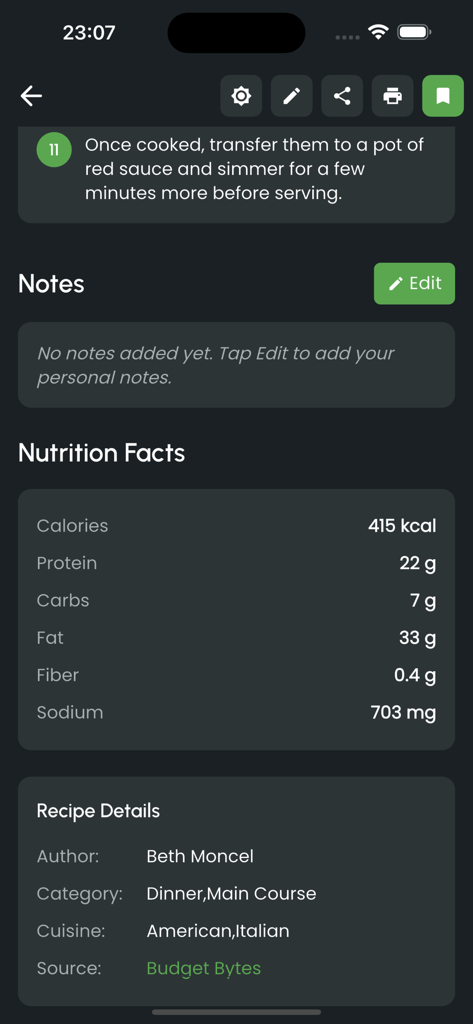 Only Recipe app screen displaying nutrition facts and recipe details
