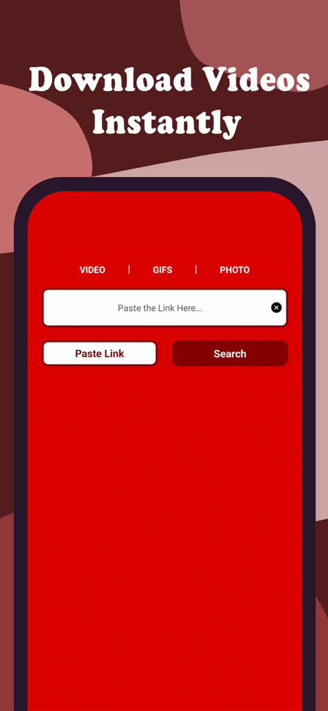 Pinterest Video Downloader app interface with a link paste field and options for videos and photos