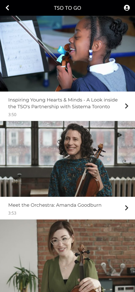 My TSO - Captura de pantalla de la aplicación Mi TSO que muestra la sección TSO TO GO con videos sobre asociaciones comunitarias y músicos de la orquesta.