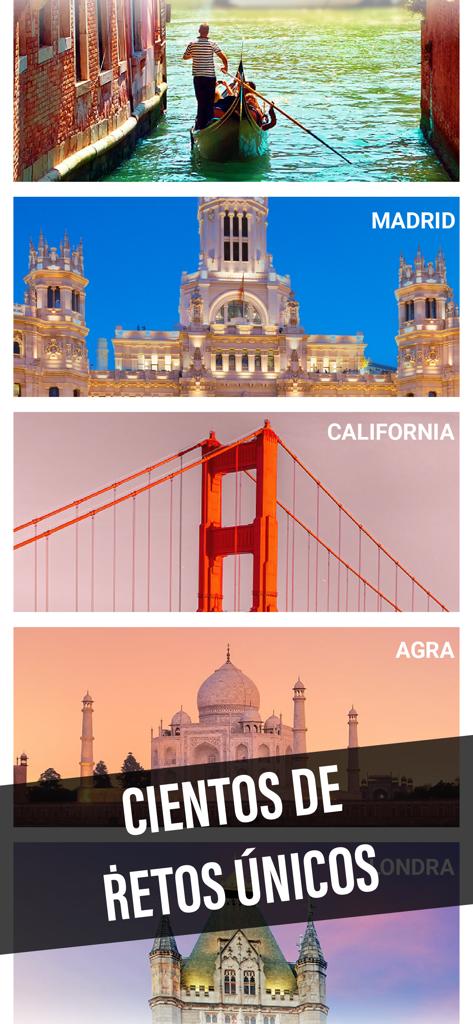 Collage of global travel destinations including Madrid, California, and Agra for the word puzzle game Ciudad de Palabras.