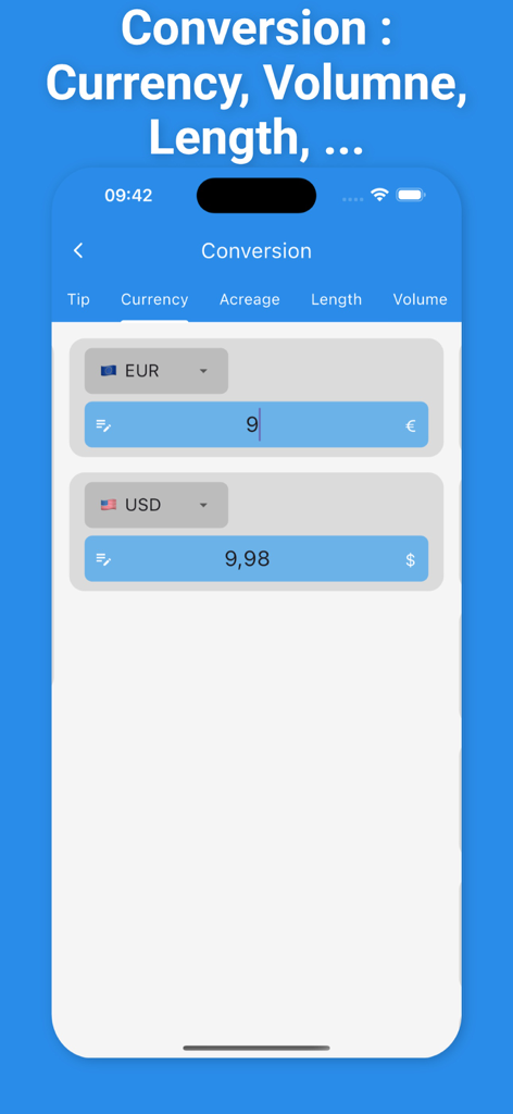 Oberfläche der Korean Translator App, die einen Währungsumrechner von Euro in US-Dollar zeigt.