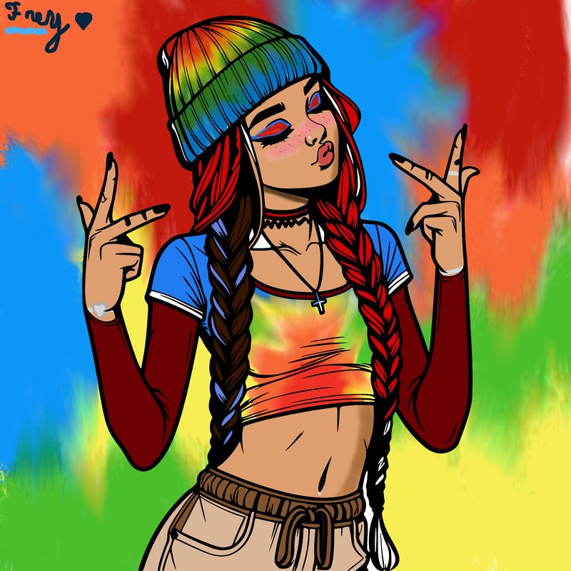 realistic teenage girl with braids and a beanie and crop top doing 🫶🏼