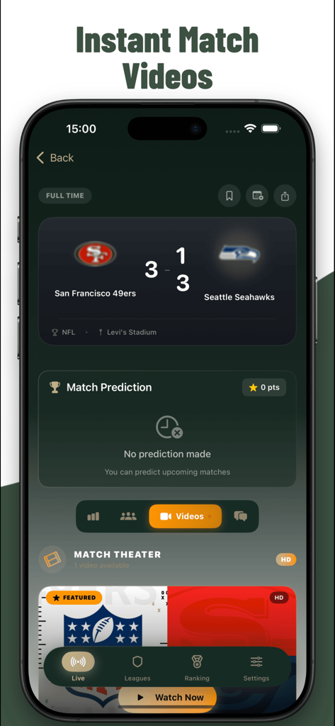 kuki football : Live Chat - Screenshot of Kuki football app showing match videos and scores for an NFL game between the 49ers and Seahawks