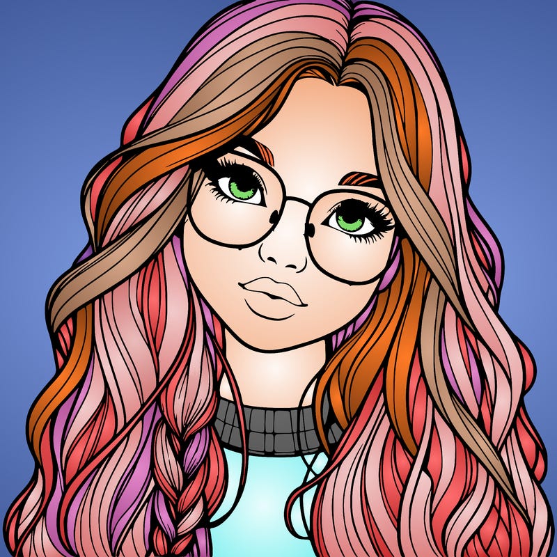 girl with long hair and freckles and glasses realistic