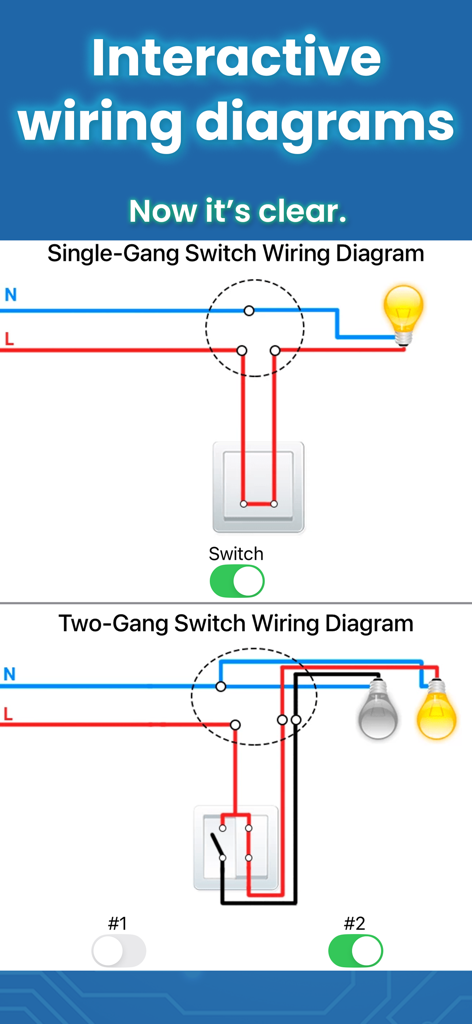 Electrician Handbook — Basics - Interactive single-gang and two-gang switch wiring diagrams showing electrical circuit connections.