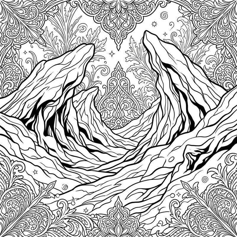 Unleash your creativity with this dramatic coloring page featuring towering hail drifts set against a backdrop of intricate gothic patterns. Perfect for those who love dark aesthetics and detailed designs.