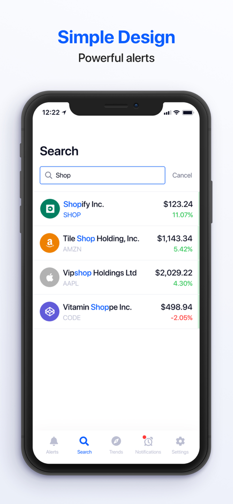 Interfaz de búsqueda de la aplicación Alarma de Acciones que muestra tickers y precios de acciones