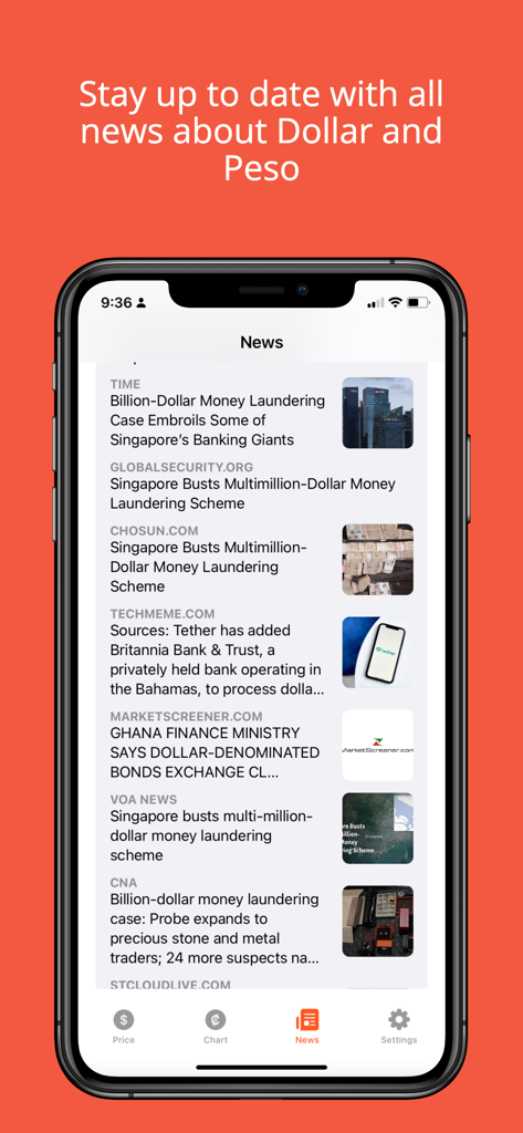 Dollar and Euro in Mexico - News feed screen of the Dollar and Euro in Mexico mobile app showing financial headlines.