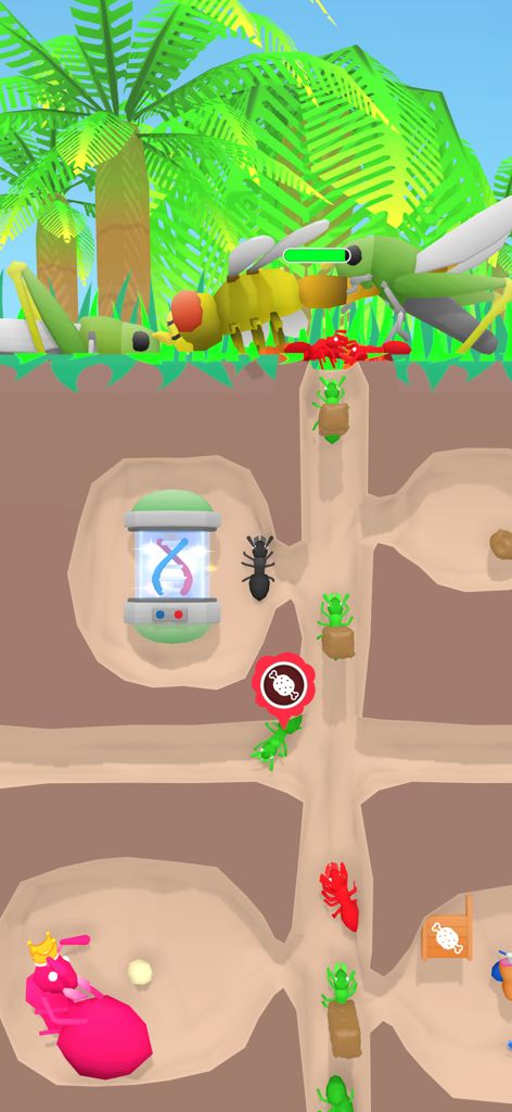 Empire of Ants - Idle Game - Gameplay screenshot of Empire of Ants showing an underground colony with tunnels worker ants and a queen ant