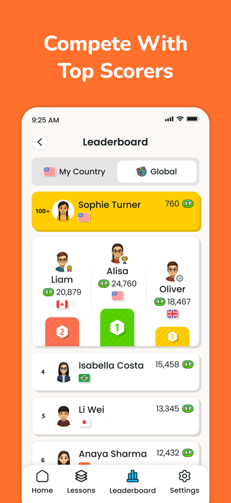 Gonit - Practice Math Olympiad - Global leaderboard screen in the Gonit Math Olympiad app showing top student rankings with XP points and country flags