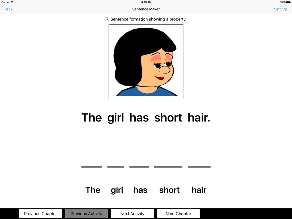 Sentence Maker App - Pantalla educativa de una aplicación que muestra un ejercicio de construcción de oraciones para la frase La niña tiene el pelo corto.